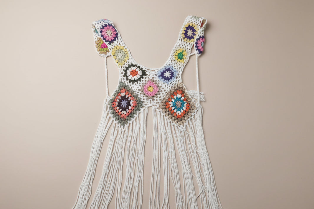 Floral Pattern Crocheted Tassel Hem Top