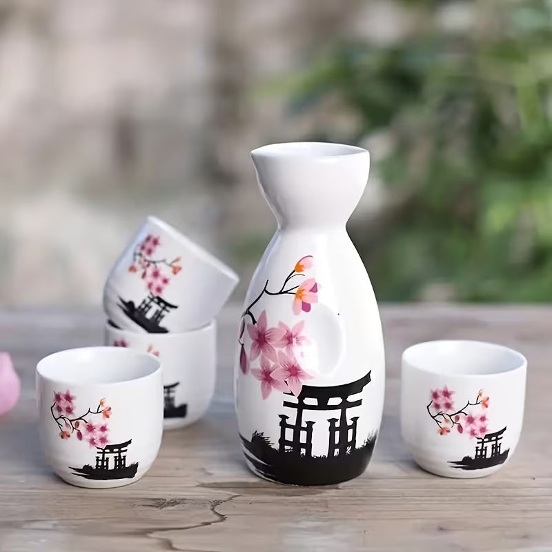 Japanese Sake Set, Featuring Five Hand-Painted Ceramic Pieces with a Traditional Cherry Blossom Design