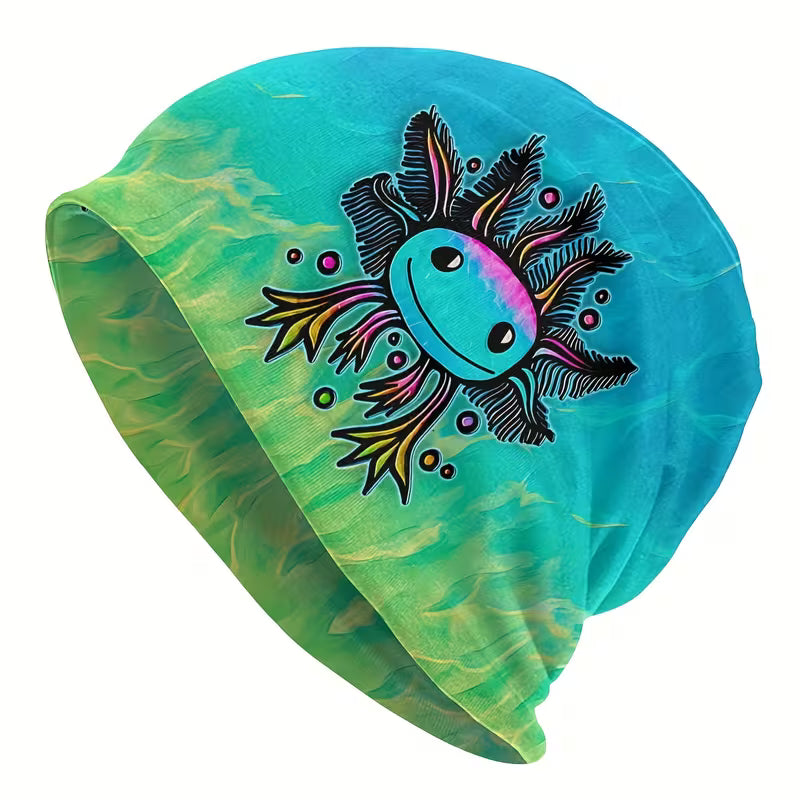 Axolotl Print Beanie - Stretchy Polyester, Cute Street Style Skull Cap