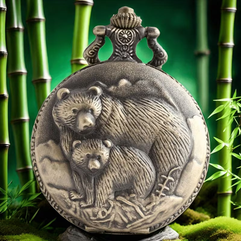 Bronze Bear Pocket Watch with Bear Family Design