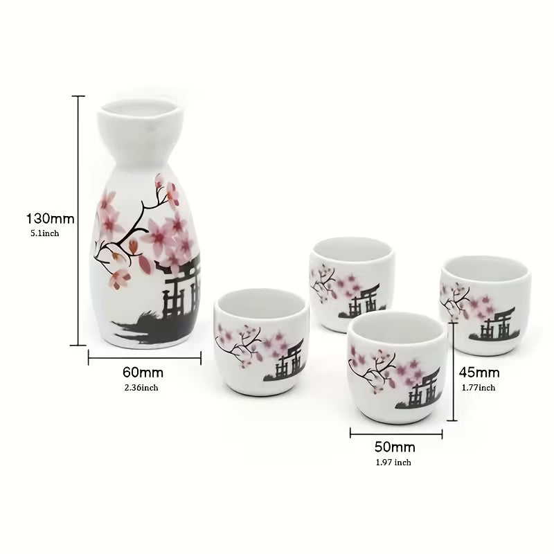 Japanese Sake Set, Featuring Five Hand-Painted Ceramic Pieces with a Traditional Cherry Blossom Design