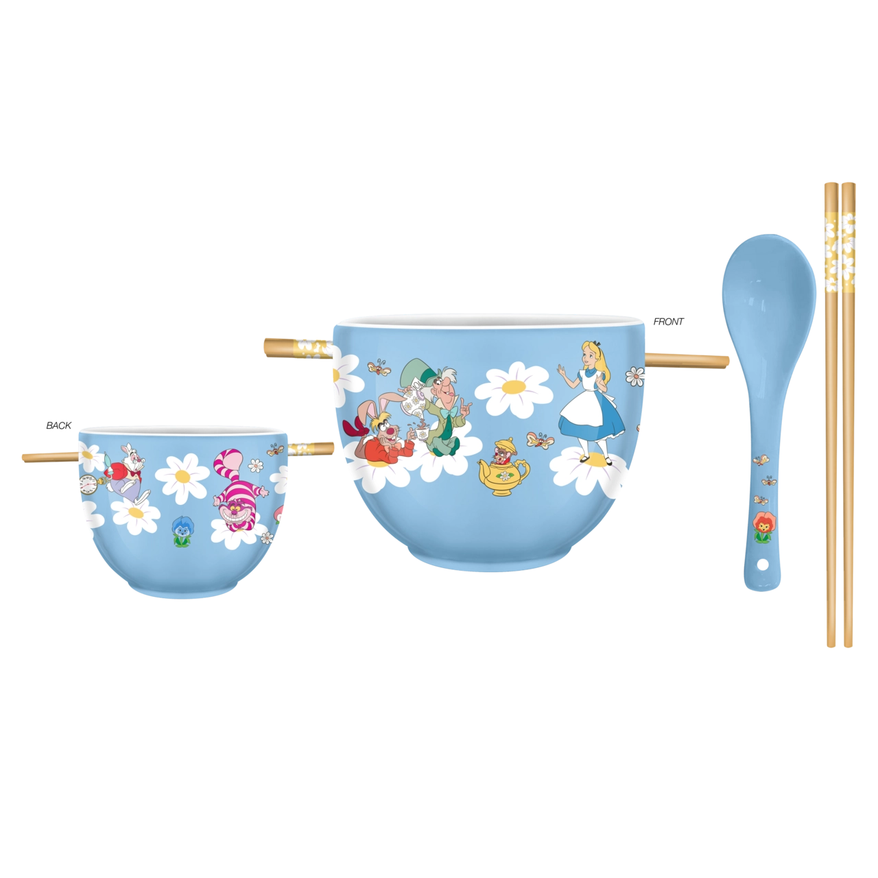 Alice in Wonderland 20oz Ramon Bowl Featuring Mad Hatter, Cheshire Cat, and White Rabbit Ceramic Ramen Noodle Rice Bowl with Chopsticks. Silver Buffalo