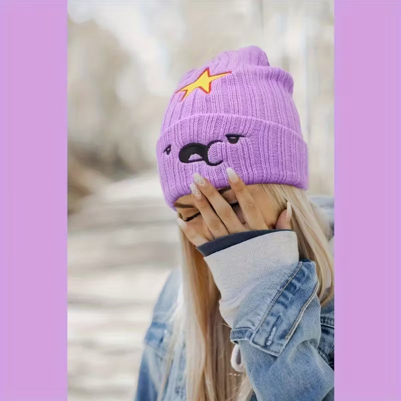 Cozy Purple Anime-Inspired Slouchy Beanie with Cute Cartoon Embroidery Winter Hat