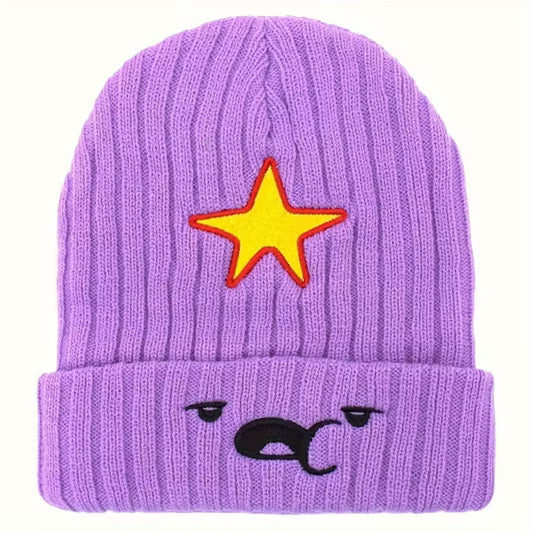 Cozy Purple Anime-Inspired Slouchy Beanie with Cute Cartoon Embroidery Winter Hat