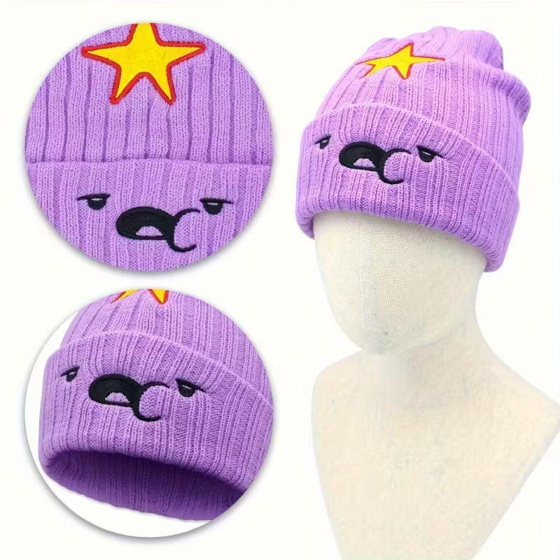 Cozy Purple Anime-Inspired Slouchy Beanie with Cute Cartoon Embroidery Winter Hat