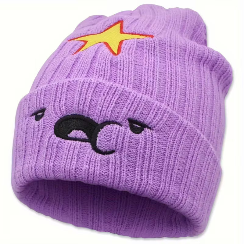 Cozy Purple Anime-Inspired Slouchy Beanie with Cute Cartoon Embroidery Winter Hat