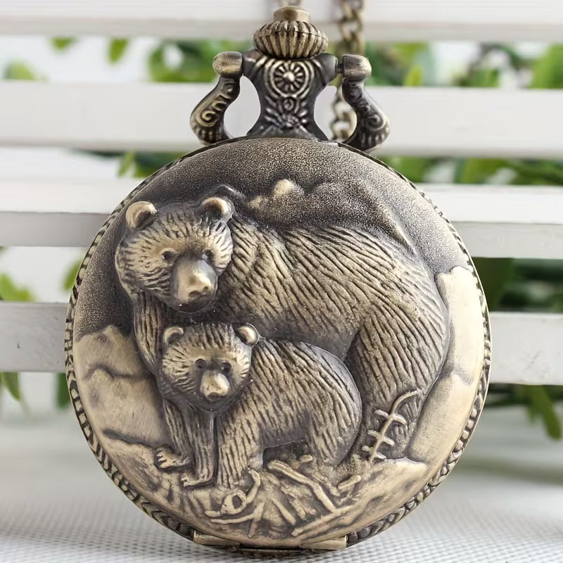 Bronze Bear Pocket Watch with Bear Family Design