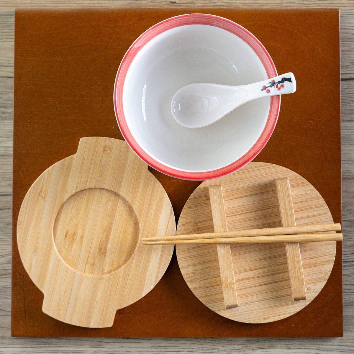 Ume Plum Blossoms 28oz 6"D Bowl With Chopsticks, Spoon Bamboo Lid and Trivet Set (1/8)