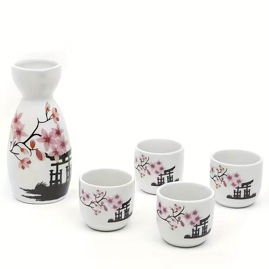 Japanese Sake Set, Featuring Five Hand-Painted Ceramic Pieces with a Traditional Cherry Blossom Design