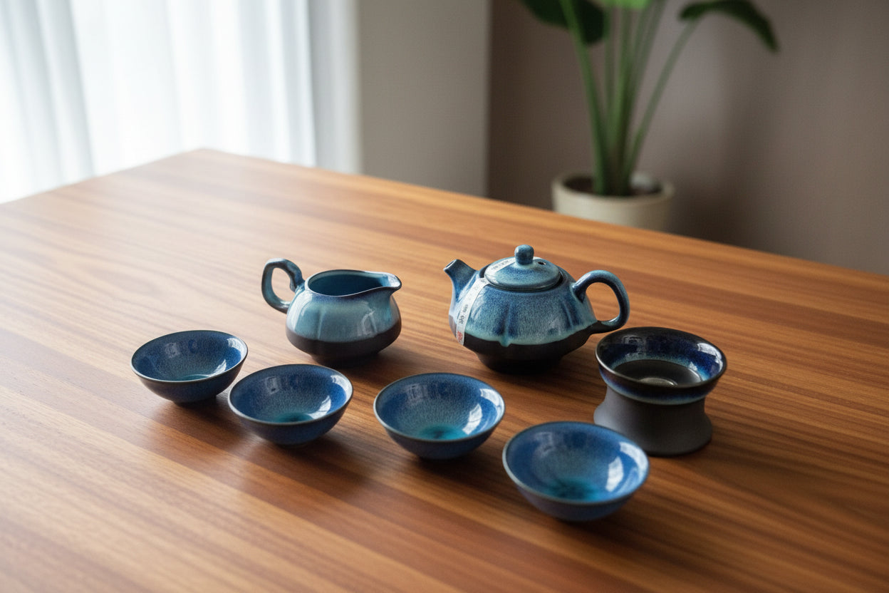 Ceramic Tea Set Blue and Brown