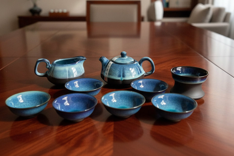Ceramic Tea Set Blue and Brown