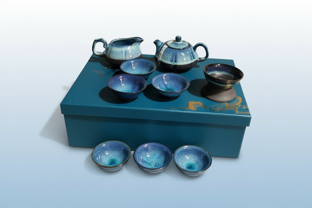 Ceramic Tea Set Blue and Brown