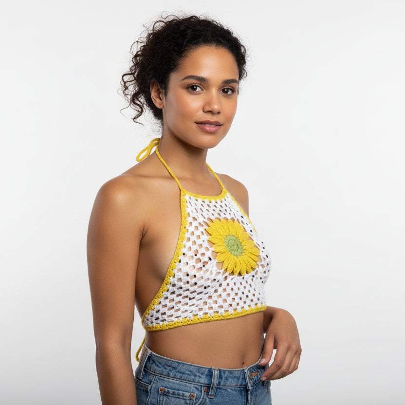 Sunflower Knitted Halter Top Backless Adult Women's Small