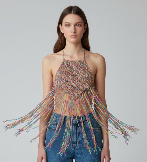 Colorful Fringe Hem Halter Top Knitted Women's Medium