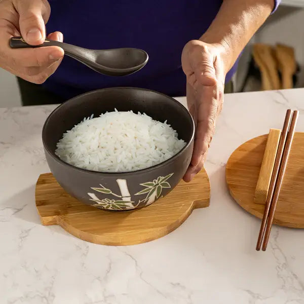 Bamboo Bowl w/ Chopsticks, Spoon, Lid and Trivet Set