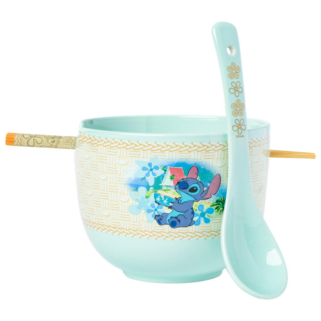 Lilo and Stitch Eating Noodles 20oz Ceramic Ramen Bowl w/ Chopsticks and Spoon.