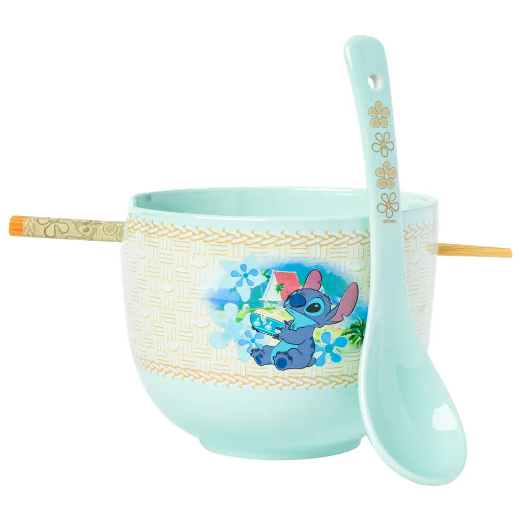 Lilo and Stitch Eating Noodles 20oz Ceramic Ramen Bowl Silver Buffalo