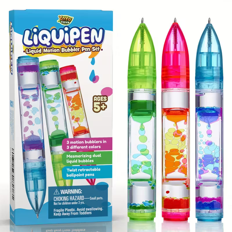3pcs Vibrant Liquid Motion Bubbles Retractable Ballpoint Pens - Colorful Ink Design Tip, Plastic, Ideal for School & Office Supplies, Creative Writing Tool