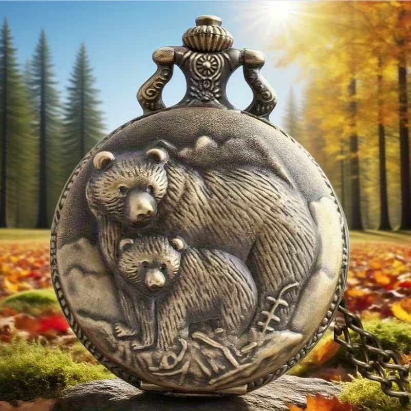 Bronze Bear Pocket Watch with Bear Family Design
