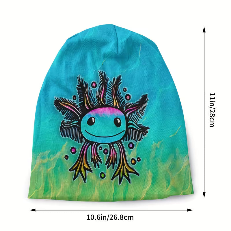 Axolotl Print Beanie - Stretchy Polyester, Cute Street Style Skull Cap