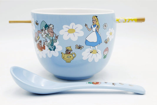 Alice in Wonderland 20oz Ramon Bowl Featuring Mad Hatter, Cheshire Cat, and White Rabbit Ceramic Ramen Noodle Rice Bowl with Chopsticks. Silver Buffalo