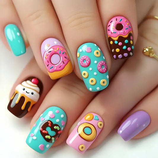 24pcs Set of Donut & Cupcake Press On Nails