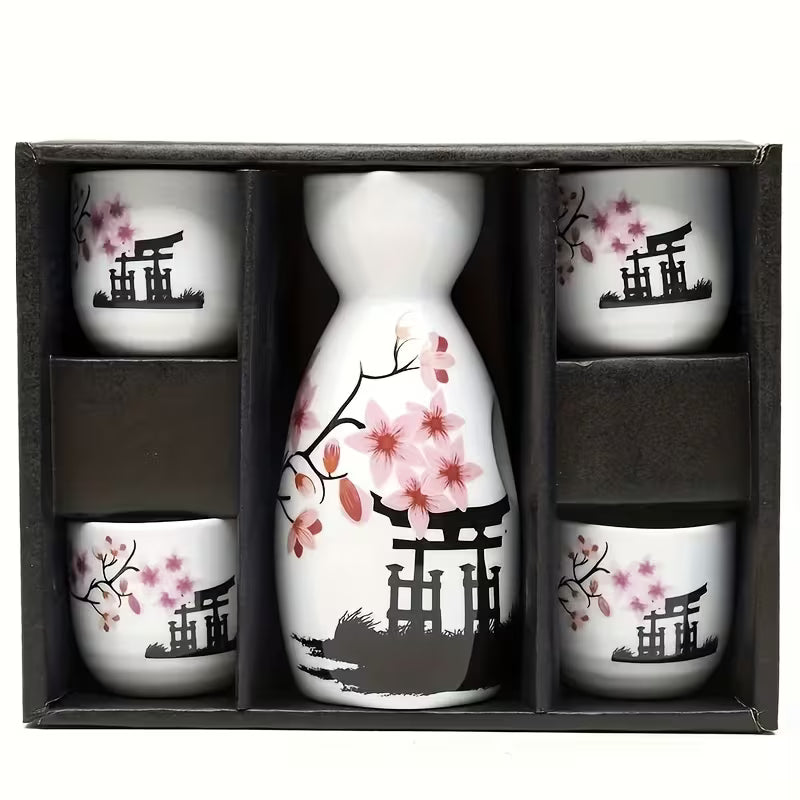 Japanese Sake Set, Featuring Five Hand-Painted Ceramic Pieces with a Traditional Cherry Blossom Design