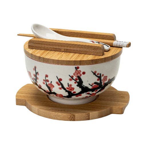 Ume Plum Blossoms 28oz 6"D Bowl With Chopsticks, Spoon Bamboo Lid and Trivet Set (1/8)