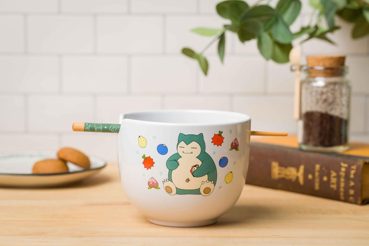 Pokemon Snorlax Relaxing and Eating Food Ceramic Ramen Noodle Rice Bowl with Chopsticks Silver Buffalo