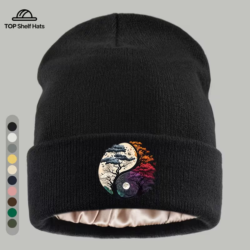 Yin Yang Floral Celestial Graphic Printed Satin-Lined Cap Adult