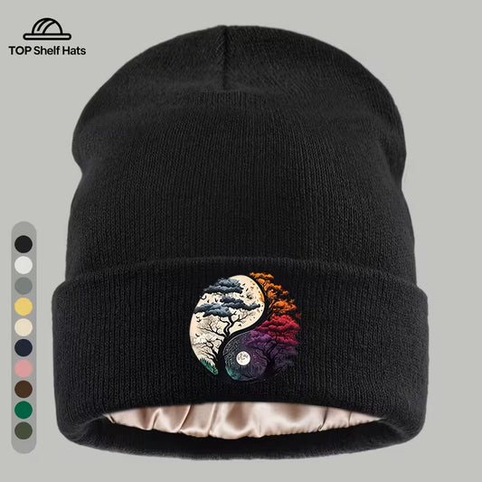 Yin Yang Floral Celestial Graphic Printed Satin-Lined Cap Adult