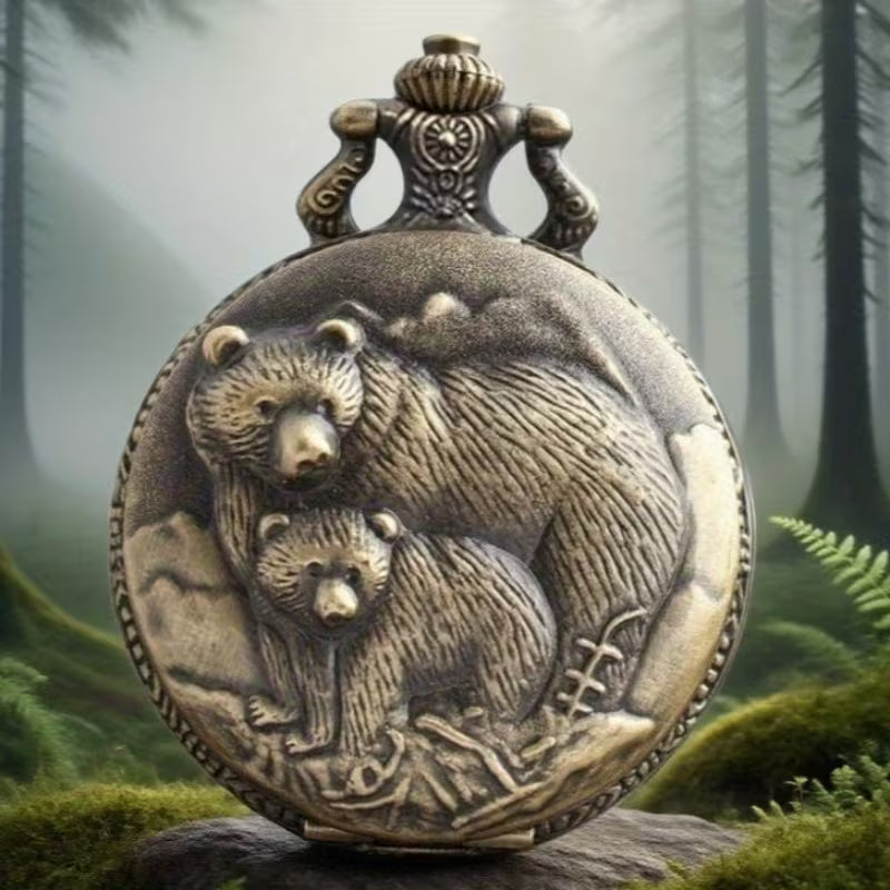 Bronze Bear Pocket Watch with Bear Family Design