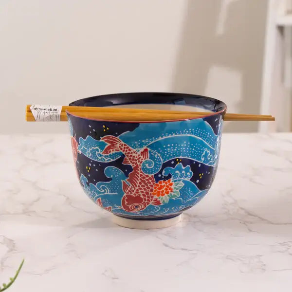 Koi Fish Design 18oz Bowl With Chopsticks Set