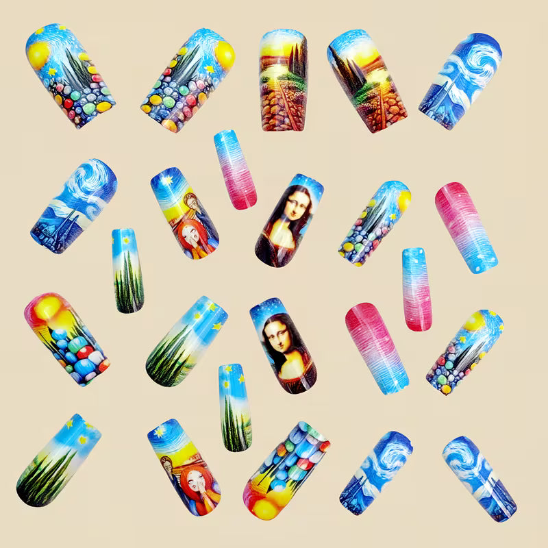 24pcs Long Square Nails - Van Gogh Starry Night & Mona Lisa Artistic Designs