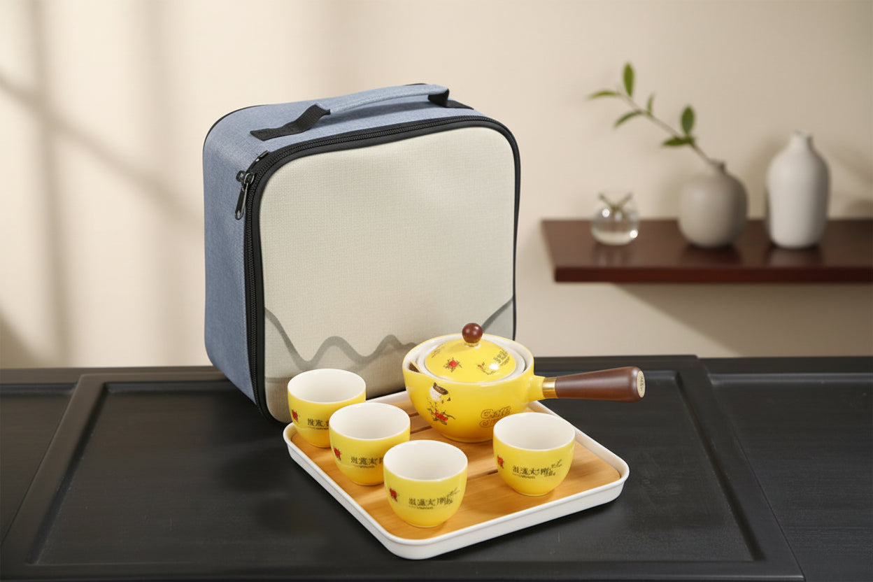 Cute Yellow Tea Set with Travel Case and Tray