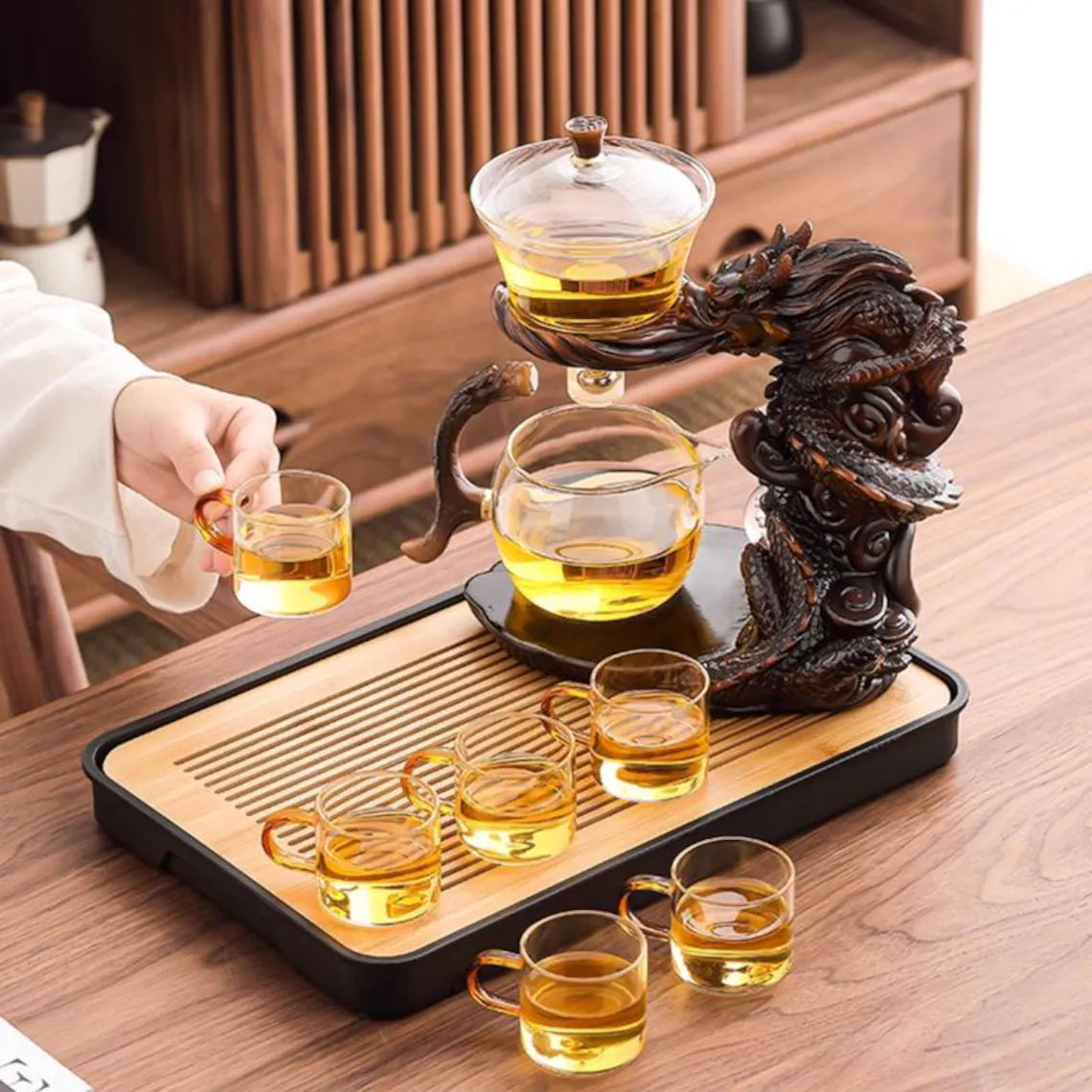 Glass Automatic Dragon Tea Set, with Tray.