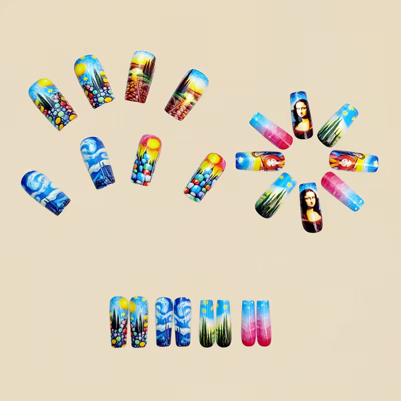 24pcs Long Square Nails - Van Gogh Starry Night & Mona Lisa Artistic Designs