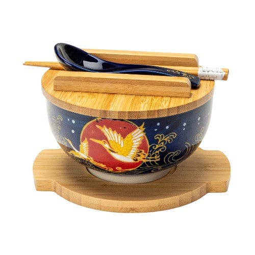 Moon Crane 28oz 6"D Bowl With Chopsticks, Spoon Bamboo Lid and Trivet Set (1/8)
