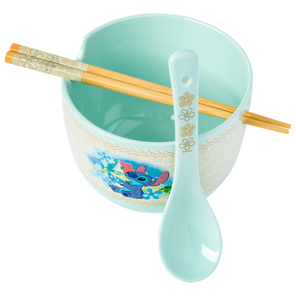 Lilo and Stitch Eating Noodles 20oz Ceramic Ramen Bowl w/ Chopsticks and Spoon.