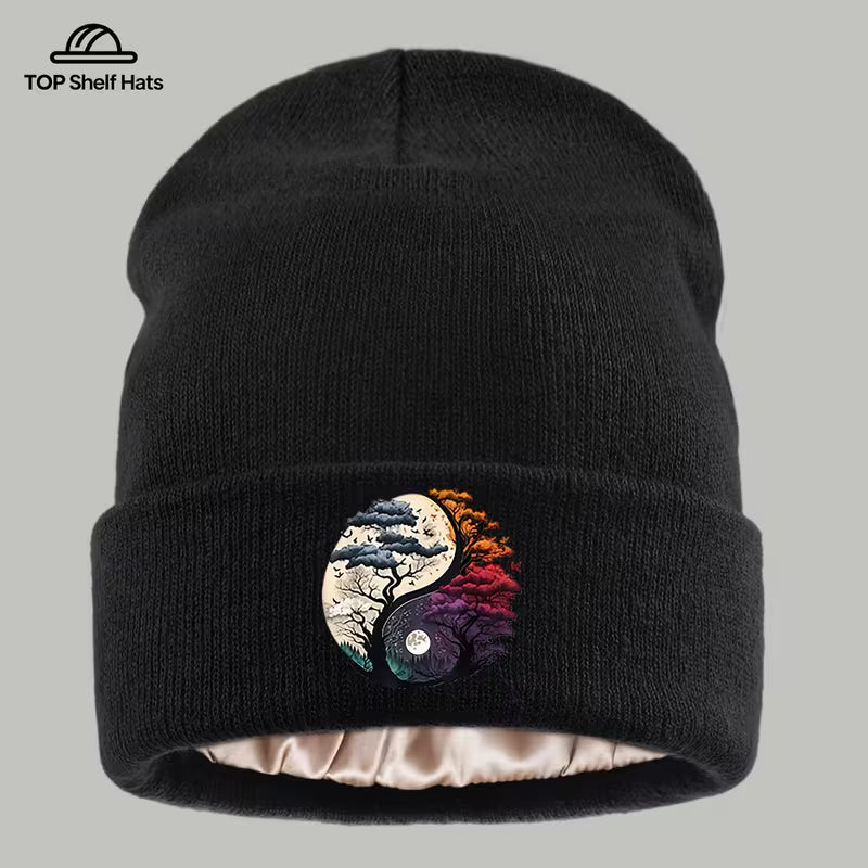 Yin Yang Floral Celestial Graphic Printed Satin-Lined Cap Adult