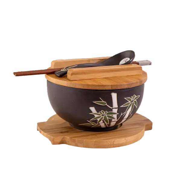 Bamboo Bowl w/ Chopsticks, Spoon, Lid and Trivet Set