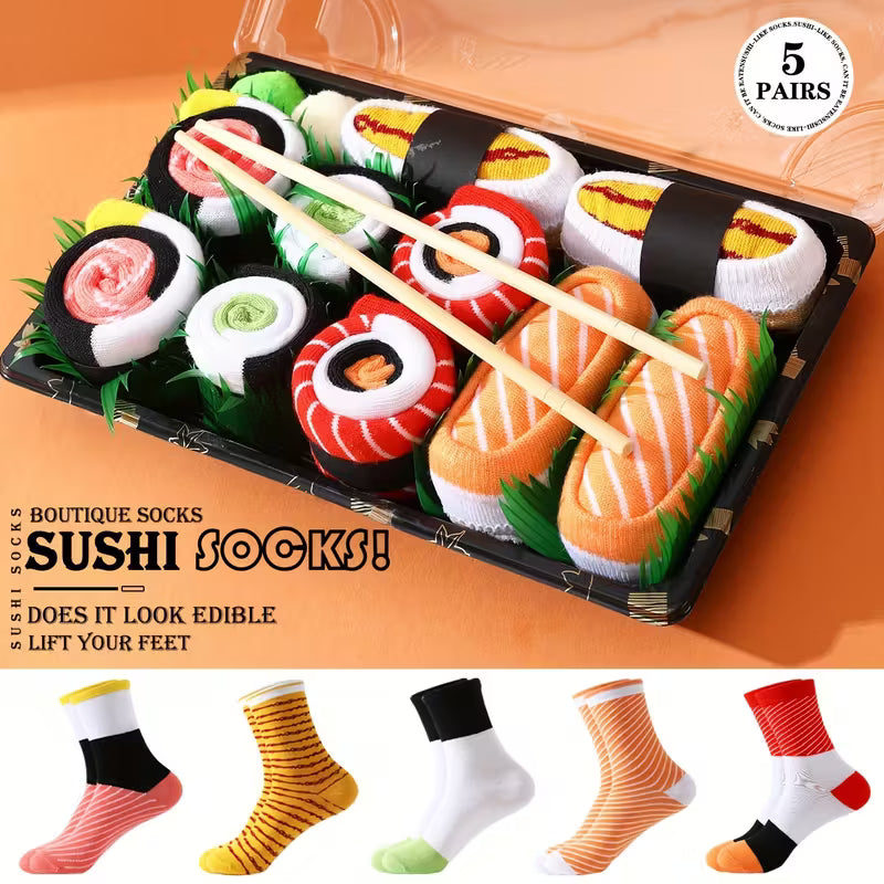 5 Pairs Sushi Socks with Chopsticks - Whimsical Sushi Creative Gift Socks, Unisex Gift Box Novelty Fun Cute