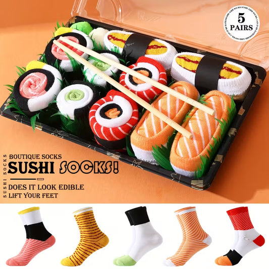 5 Pairs Sushi Socks with Chopsticks - Whimsical Sushi Creative Gift Socks, Unisex Gift Box Novelty Fun Cute