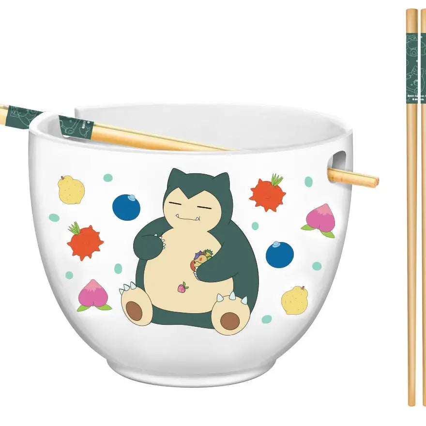 Pokemon Snorlax Relaxing and Eating Food Ceramic Ramen Noodle Rice Bowl with Chopsticks Silver Buffalo