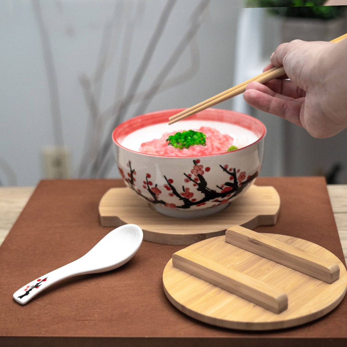 Ume Plum Blossoms 28oz 6"D Bowl With Chopsticks, Spoon Bamboo Lid and Trivet Set (1/8)