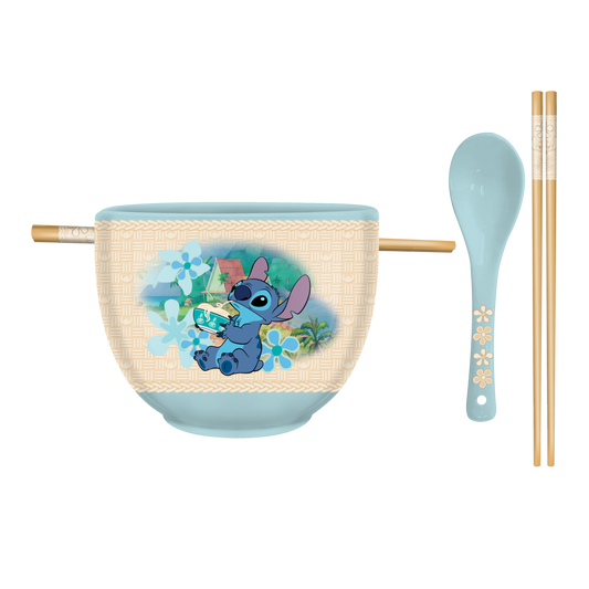 Lilo and Stitch Eating Noodles 20oz Ceramic Ramen Bowl w/ Chopsticks and Spoon.