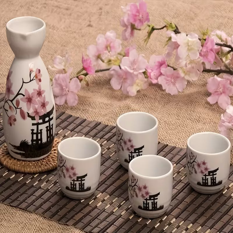Japanese Sake Set, Featuring Five Hand-Painted Ceramic Pieces with a Traditional Cherry Blossom Design