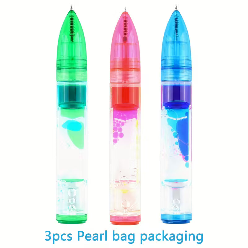 3pcs Vibrant Liquid Motion Bubbles Retractable Ballpoint Pens - Colorful Ink Design Tip, Plastic, Ideal for School & Office Supplies, Creative Writing Tool