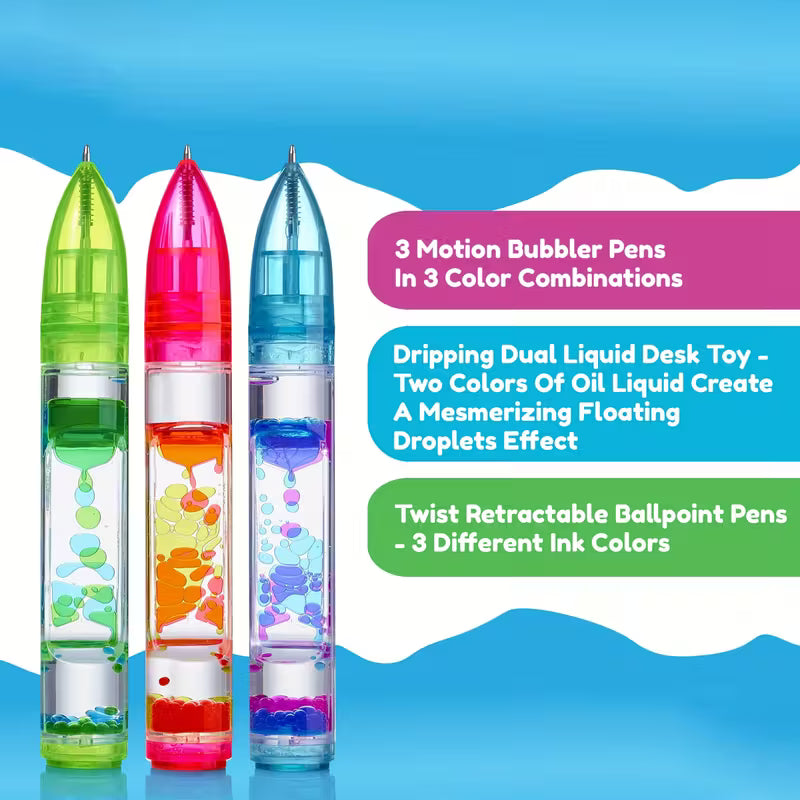 3pcs Vibrant Liquid Motion Bubbles Retractable Ballpoint Pens - Colorful Ink Design Tip, Plastic, Ideal for School & Office Supplies, Creative Writing Tool