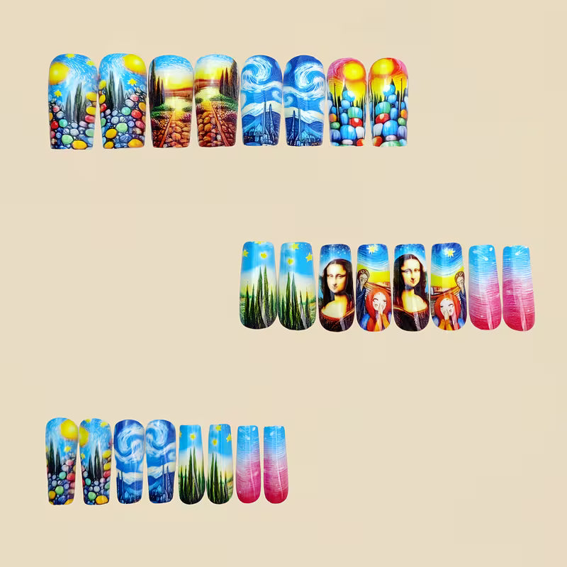 24pcs Long Square Nails - Van Gogh Starry Night & Mona Lisa Artistic Designs